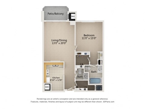 1 Bedroom 1.5 Bath 940 Sq. Ft. Type A Floor plan at Atrium in The Village, Ohio, 44122